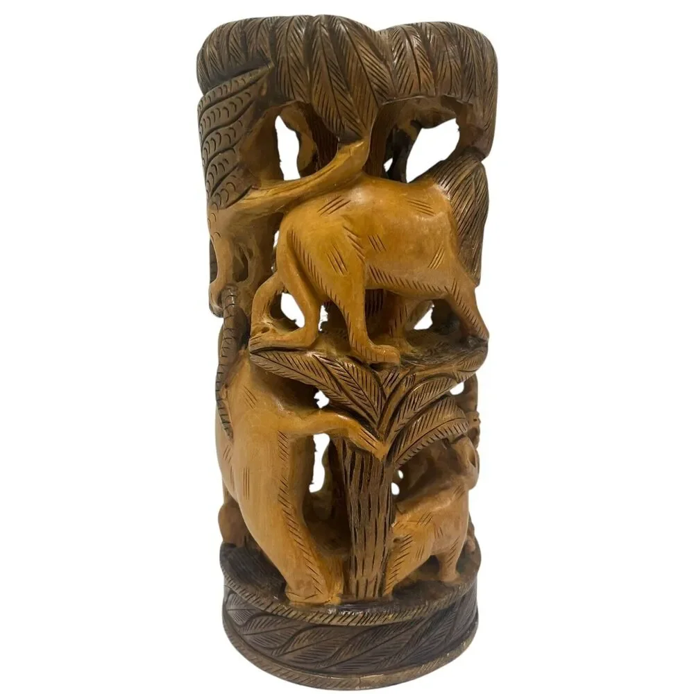 Vintage Hand Carved Round Hunting Shikar‎ Wooden Figurine Animals Forrest